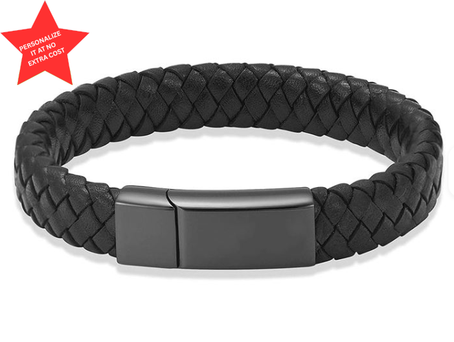 Black braided leather memorial bracelet with a polished black stainless steel clasp designed for cremation ashes, featuring free personalization engraving option.