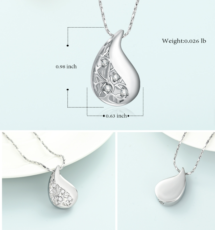 Whispering Willow stainless steel teardrop cremation pendant with size dimensions 0.98 x 0.63 inches