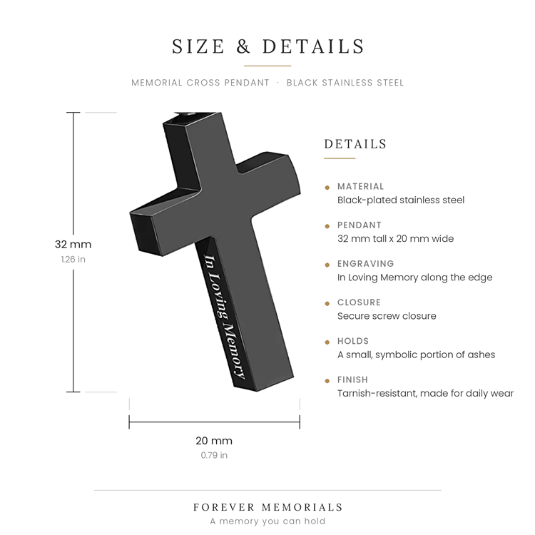 Size and details infographic for a black stainless steel memorial cross pendant, showing dimensions of 32 mm height and 20 mm width, with product features listed on a white background.