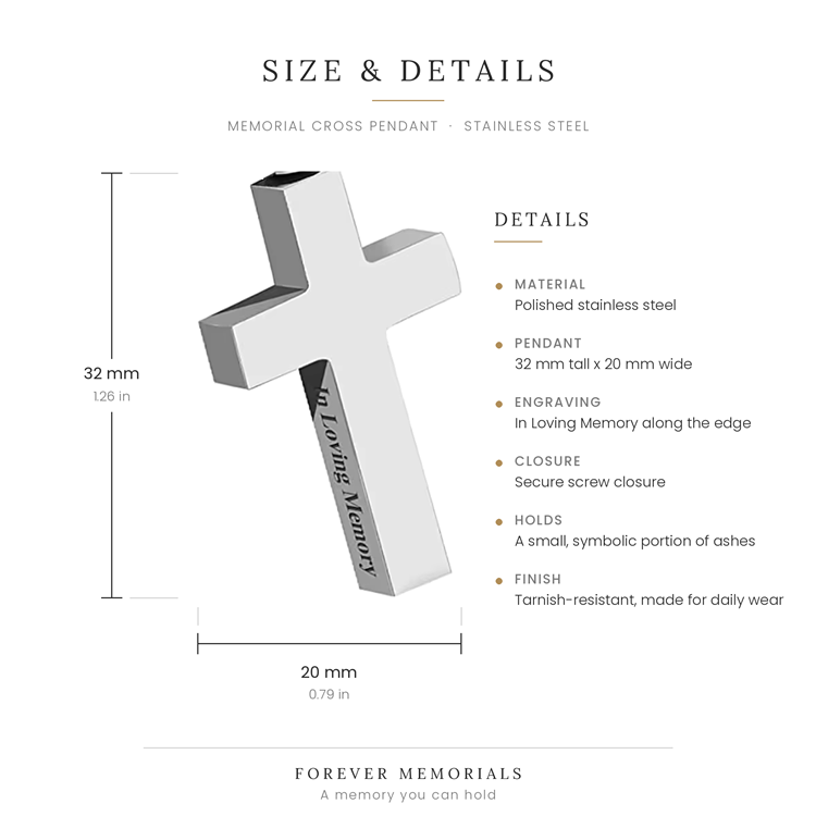 Size and details diagram for a stainless steel memorial cross pendant, showing dimensions of 32 mm tall by 20 mm wide, with text describing features such as polished finish, engraving, and secure screw closure on a white background.