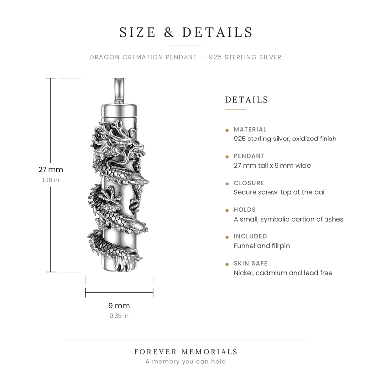 Size chart for sterling silver dragon cremation pendant showing 9 mm width and 27 mm height beside a quarter for scale