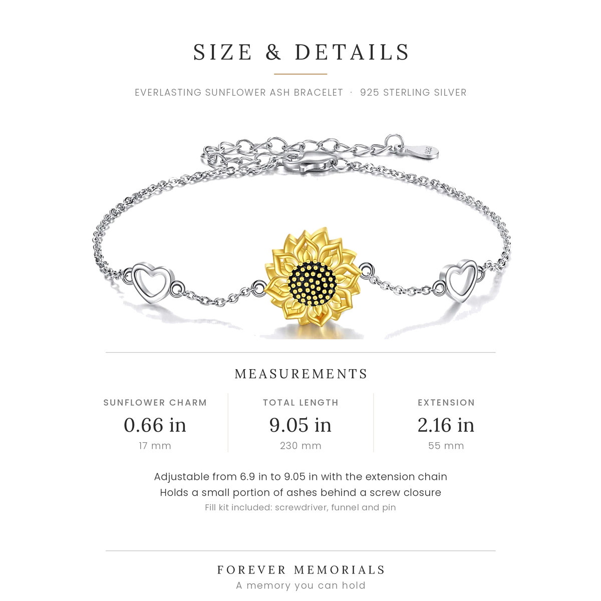 Size guide for the Everlasting Sunflower Ash Bracelet, 9.05 in with a 2.16 in extension