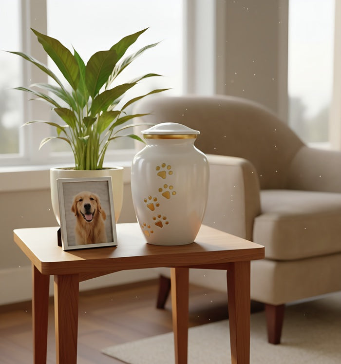 Golden Paws Memorial Urn in ivory white with gold paw print motifs displayed on a wooden side table next to a framed golden retriever photo and indoor plant