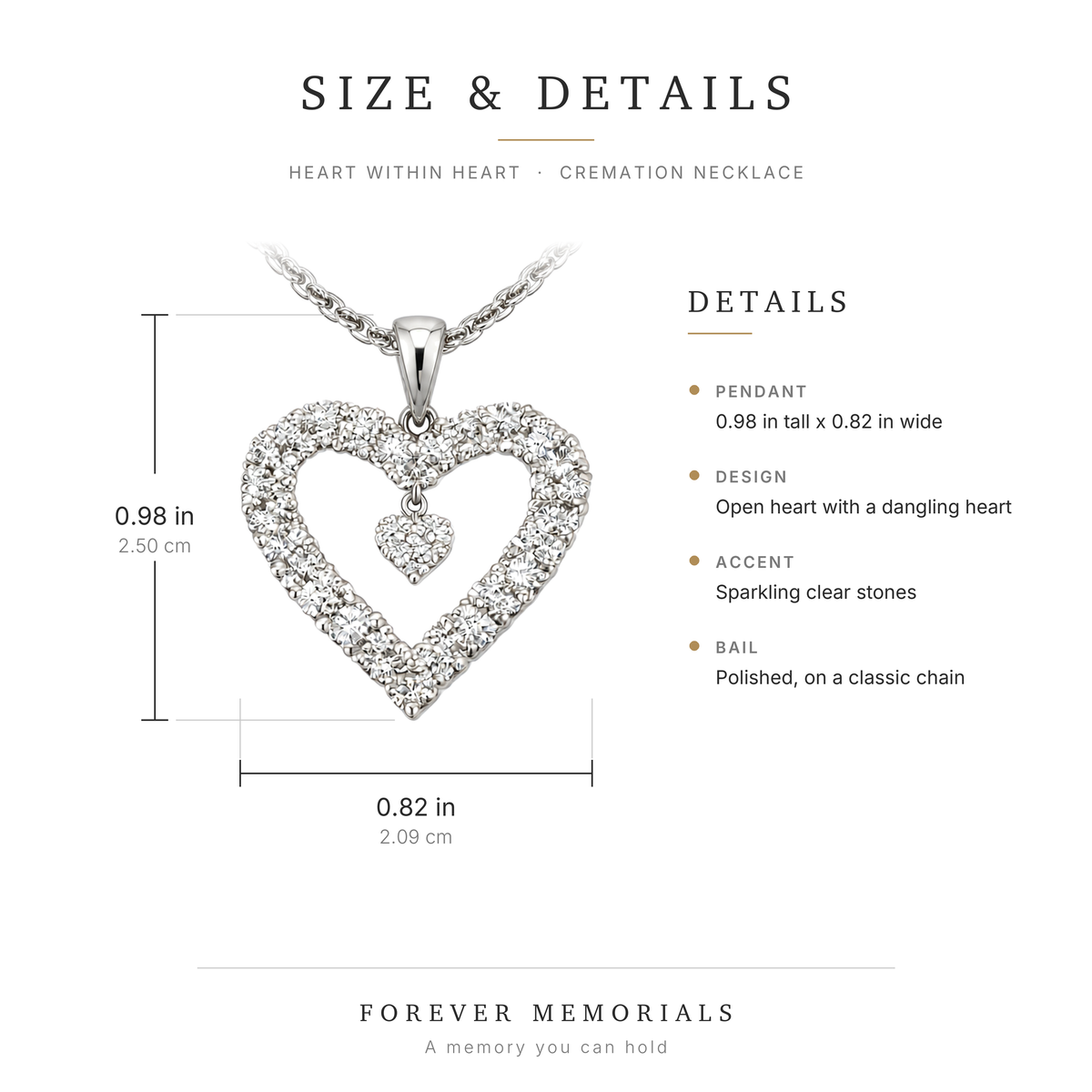 Size and details of the heart cremation pendant, 25 mm by 20.9 mm