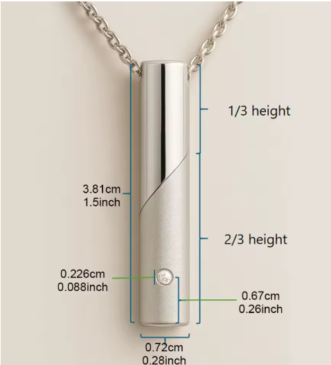 Dimension diagram of the Horizon Bar cremation pendant: 1.5 inches tall, 0.28 inches wide, with a 2.26 mm crystal accent