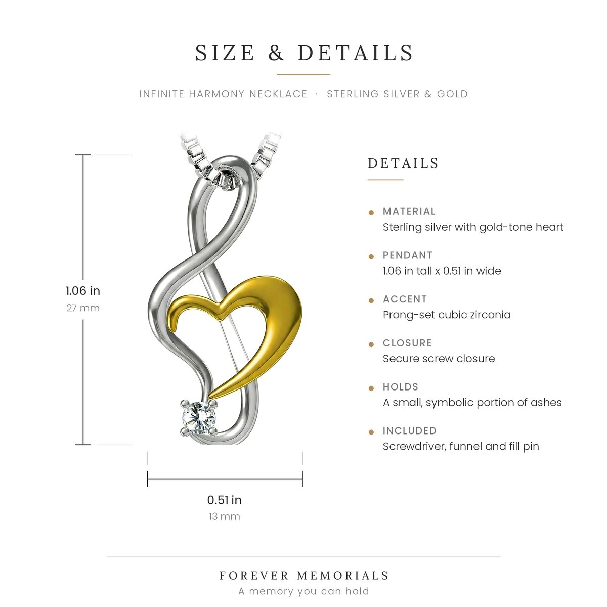 Size chart for the Infinite Harmony Necklace showing 1.06 in height and 0.51 in width