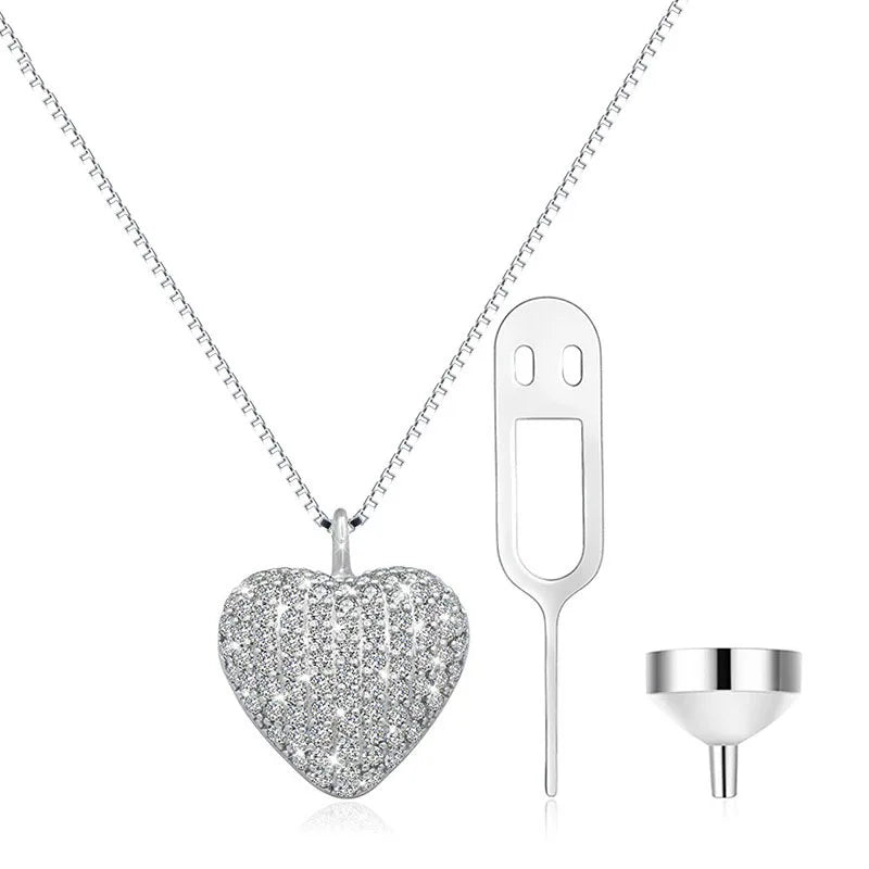 Silver pave crystal heart cremation urn pendant necklace with filling funnel and screw tool, memorial ash keepsake jewelry set
