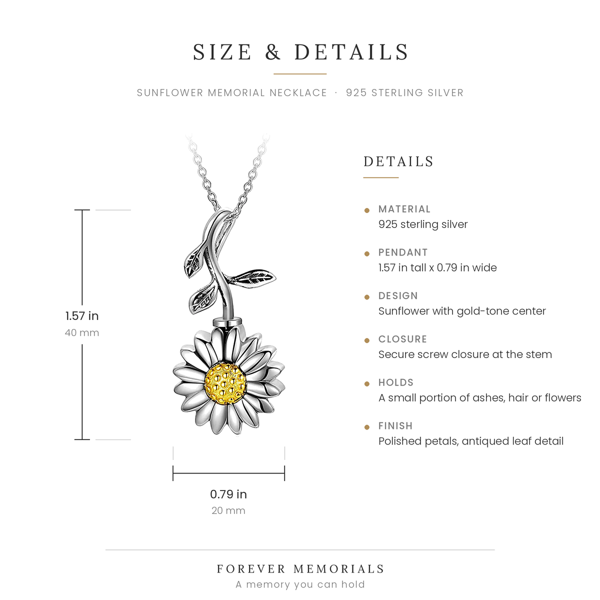 Size chart for the Sunflower Memorial Necklace showing 1.57 in height and 0.79 in width