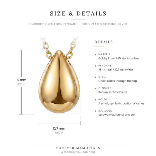 Gold teardrop cremation urn pendant on a gold chain, shown with screwdriver, pin, and funnel fill kit