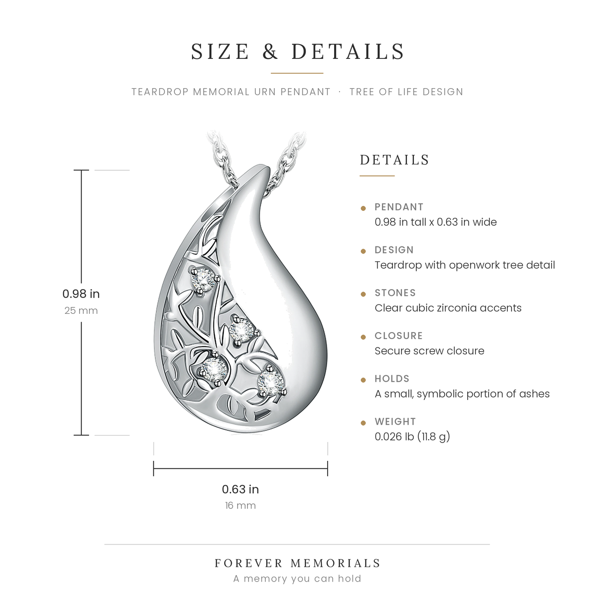 Teardrop urn pendant with openwork tree of life detail and four crystal accents