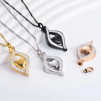 Celestial Tear cremation necklace for ashes, a teardrop-shaped pendant with a polished finish and threaded screw top.