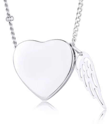 Silver heart cremation necklace with guardian wing charm. Personalizable memorial jewelry designed to hold ashes securely.