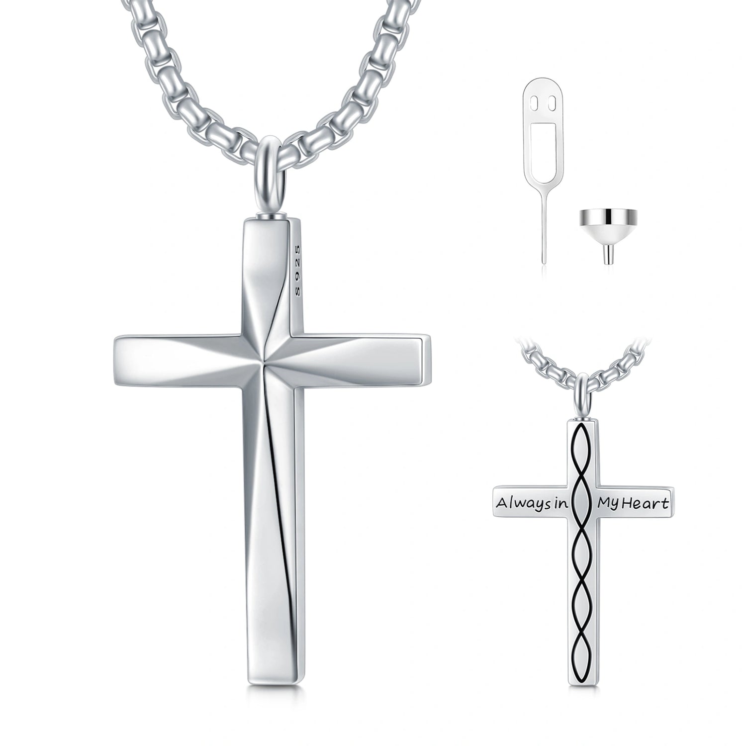 925 sterling silver faceted cross pendant for men with a high-polish finish on a silver box chain.