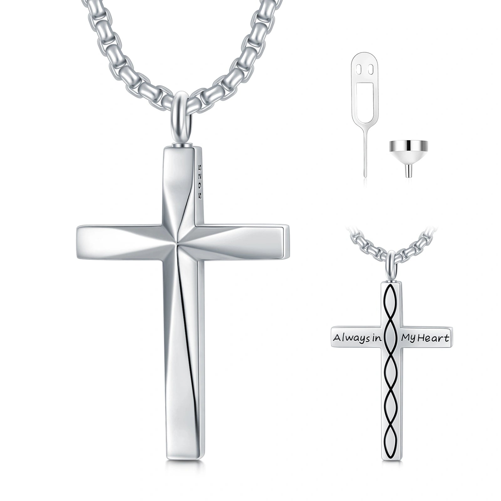 925 sterling silver faceted cross pendant for men with a high-polish finish on a silver box chain.