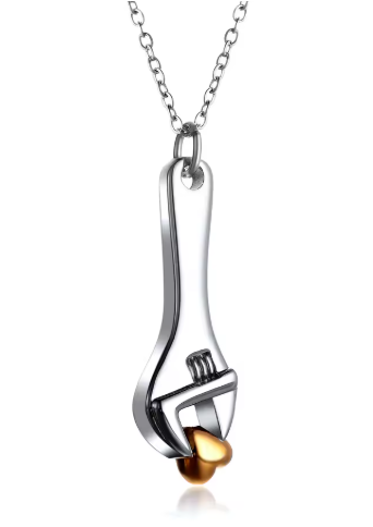 Silver wrench tool pendant necklace with gold heart detail