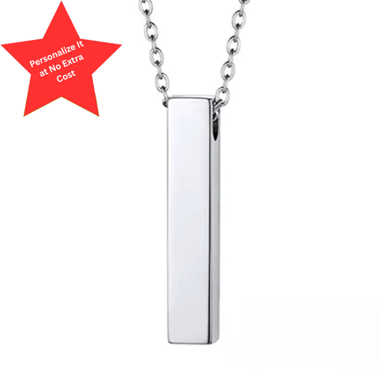 Everlasting Tribute Bar Pendant cremation necklace in polished stainless steel on a cable chain