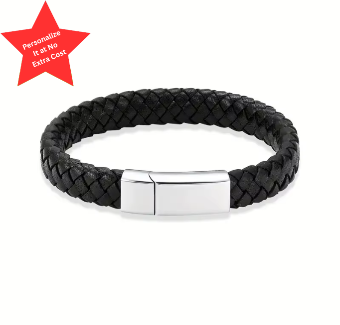 Black braided leather memorial bracelet with a polished Silver stainless steel clasp designed for cremation ashes, featuring free personalization engraving option.