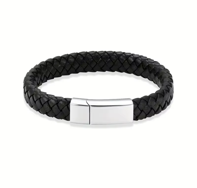 Black braided leather memorial bracelet with a polished Silver stainless steel clasp designed for cremation ashes, featuring free personalization engraving option.