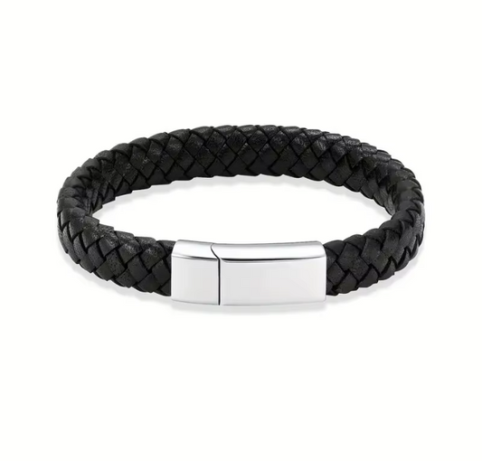 Black braided leather memorial bracelet with a polished Silver stainless steel clasp designed for cremation ashes, featuring free personalization engraving option.
