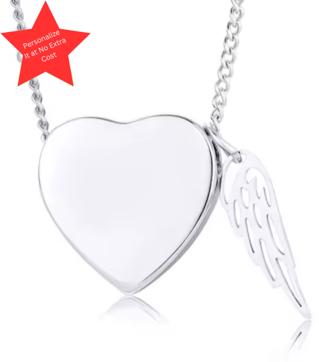 Silver heart cremation necklace with guardian wing charm. Personalizable memorial jewelry designed to hold ashes securely.