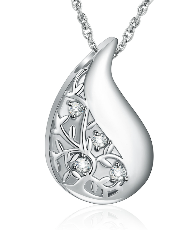 Teardrop urn pendant with filigree branch design and cubic zirconia accents on a stainless steel chain