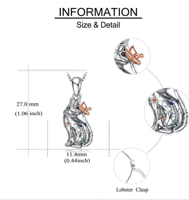 Size chart for sterling silver cat cremation pendant showing 11.4 mm width, 27 mm height, and lobster clasp