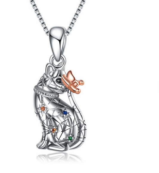 Sterling silver cat urn pendant with rose gold butterfly and colored crystals on a box chain