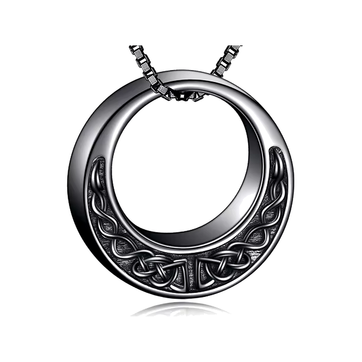 terling silver Celtic knot circle urn pendant with a blackened finish on a box chain