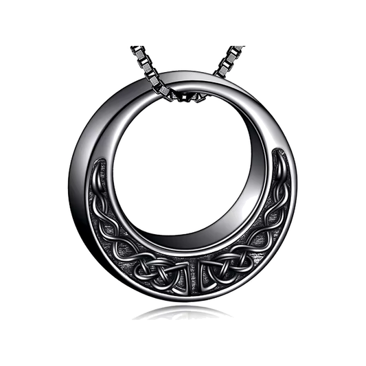 terling silver Celtic knot circle urn pendant with a blackened finish on a box chain