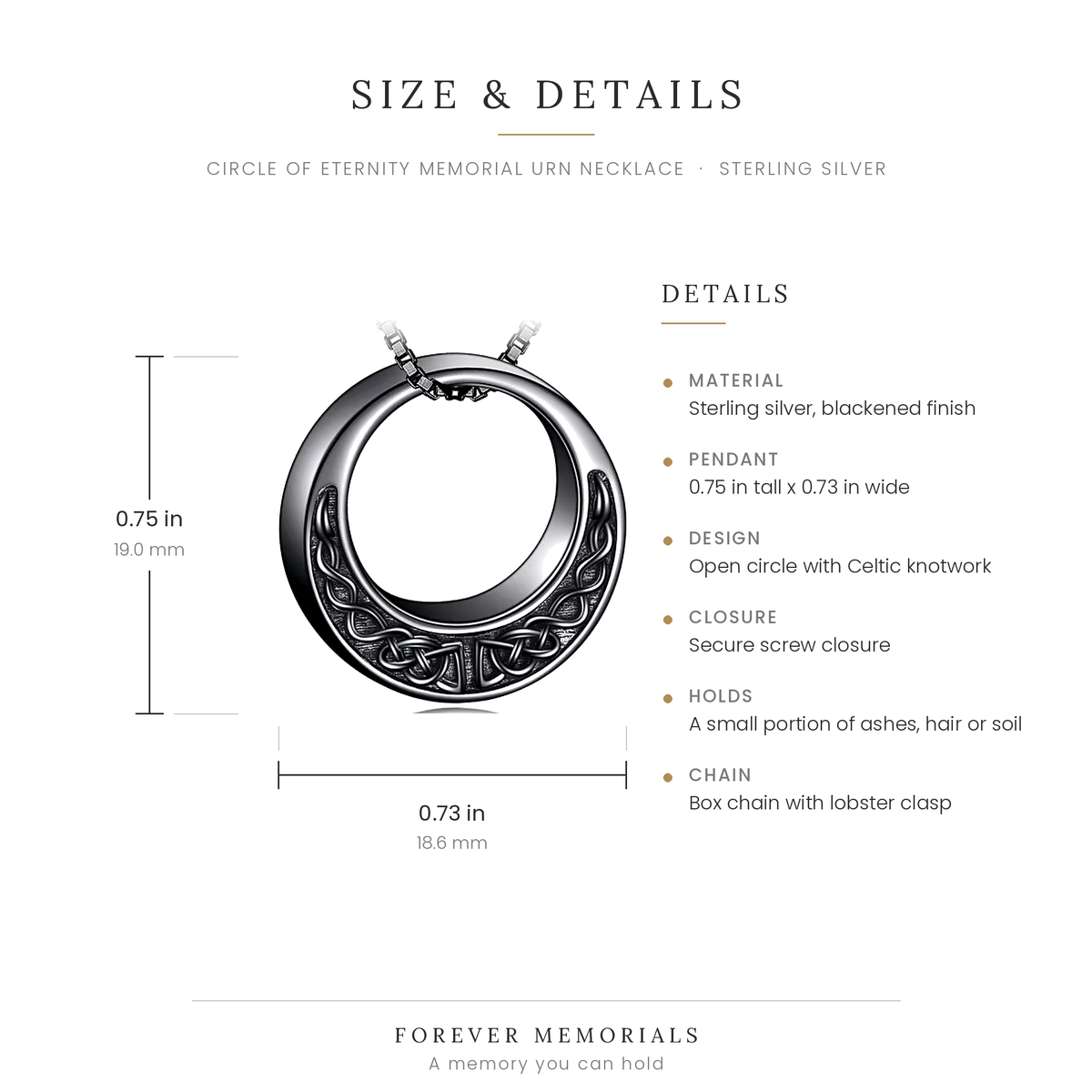 Size chart for the Celtic Circle Memorial Necklace showing 0.75 in height and 0.73 in width