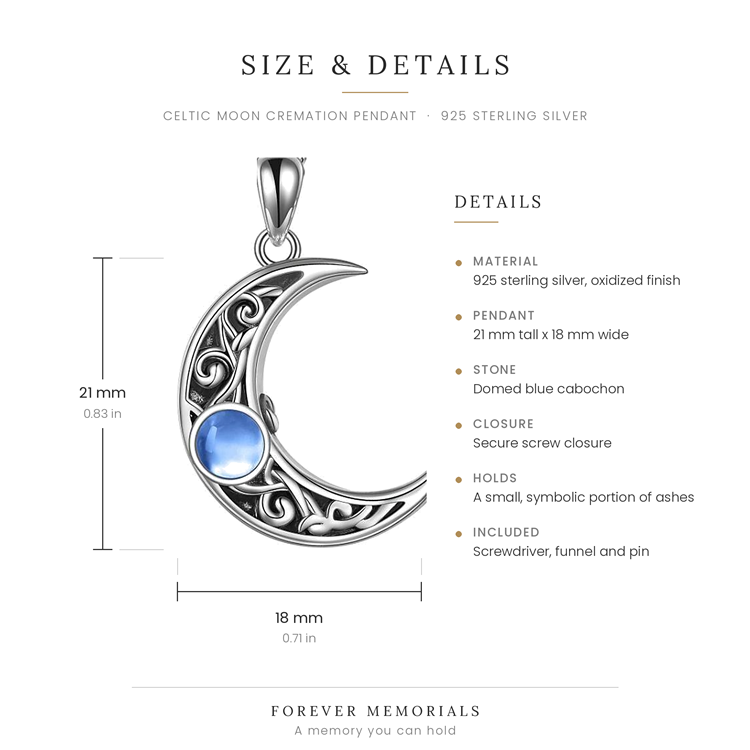 Celtic moon cremation pendant shown against a ruler and a quarter for scale, with funnel fill kit