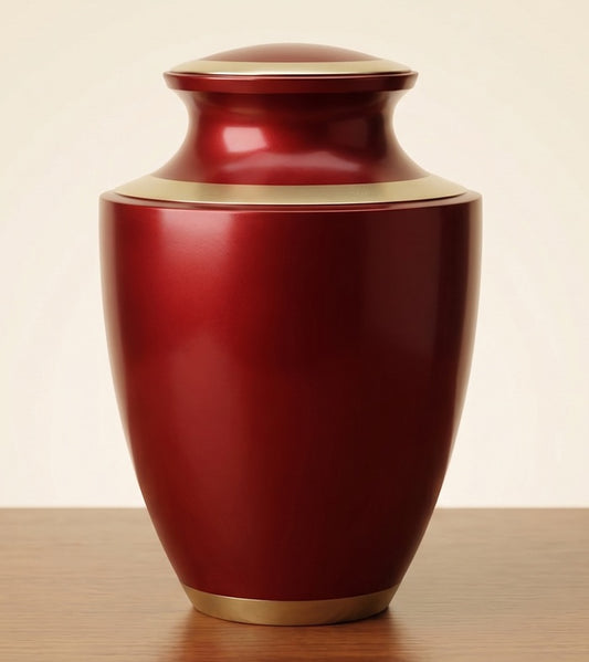 Crimson Gold adult cremation urn in deep crimson high-gloss finish with gold band trim at shoulder and base — solid brass alloy memorial urn, 200 cubic inch capacity