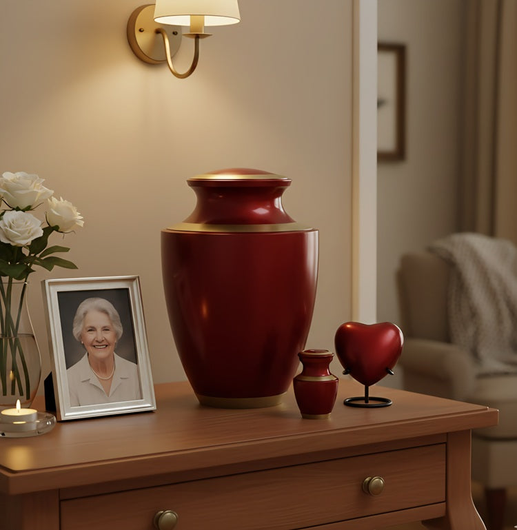Crimson Gold Collection displayed on a warm wooden dresser — deep crimson adult cremation urn with gold band trim, mini keepsake urn, and heart keepsake on stand beside framed portrait, white roses and candle
