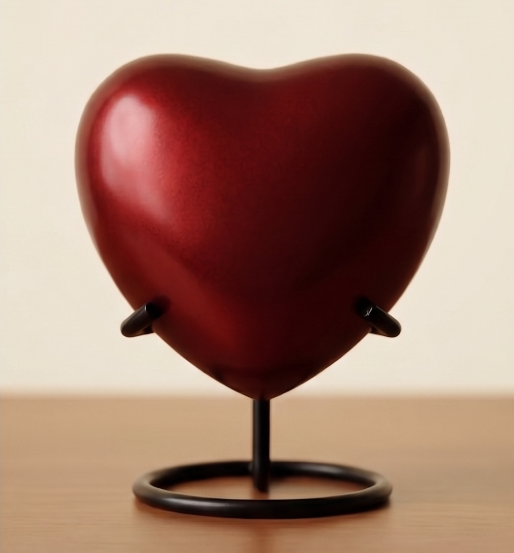 Crimson Gold heart-shaped keepsake locket urn in deep crimson gloss on metal ring stand — memorial cremation heart with hinged clasp for ashes or keepsakes