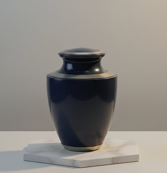 Deep Blue Serenity adult cremation urn in deep navy blue high-gloss finish with pewter band trim — solid brass alloy memorial urn, 200 cubic inch capacity