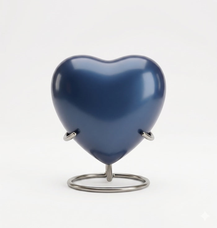 Deep Blue Serenity heart-shaped keepsake locket urn in navy blue gloss on metal ring stand — memorial cremation for ashes or keepsakes, hinged clasp closure
