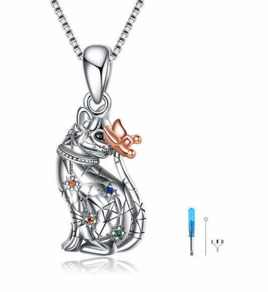 Sterling silver cat urn pendant with rose gold butterfly and colored crystals, shown with funnel and screwdriver fill kit