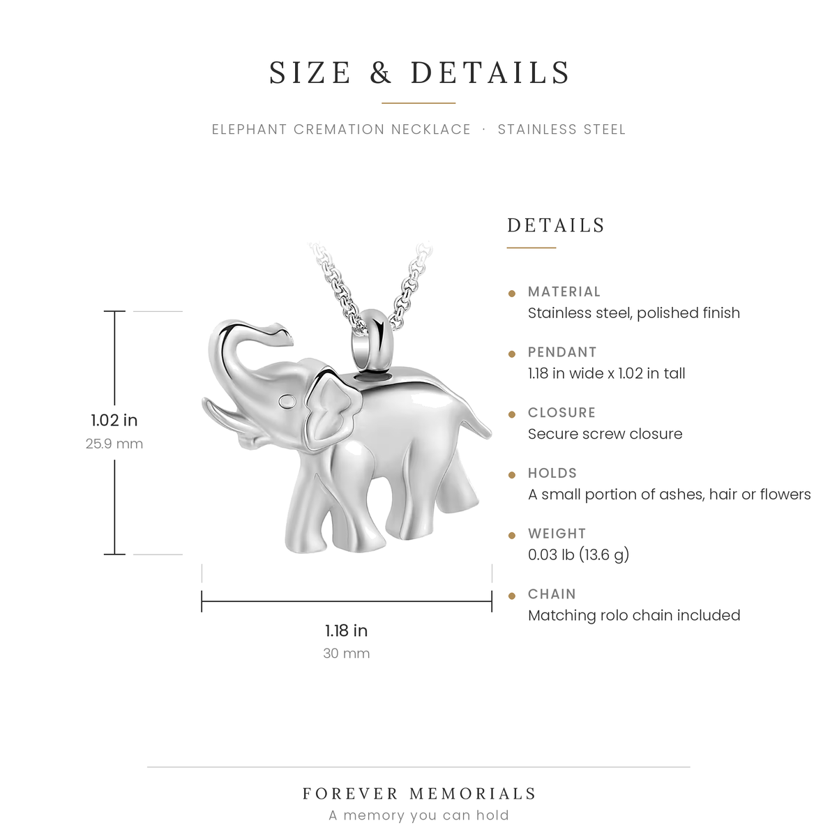 Size chart for the elephant cremation necklace showing 1.18 in width and 1.02 in height