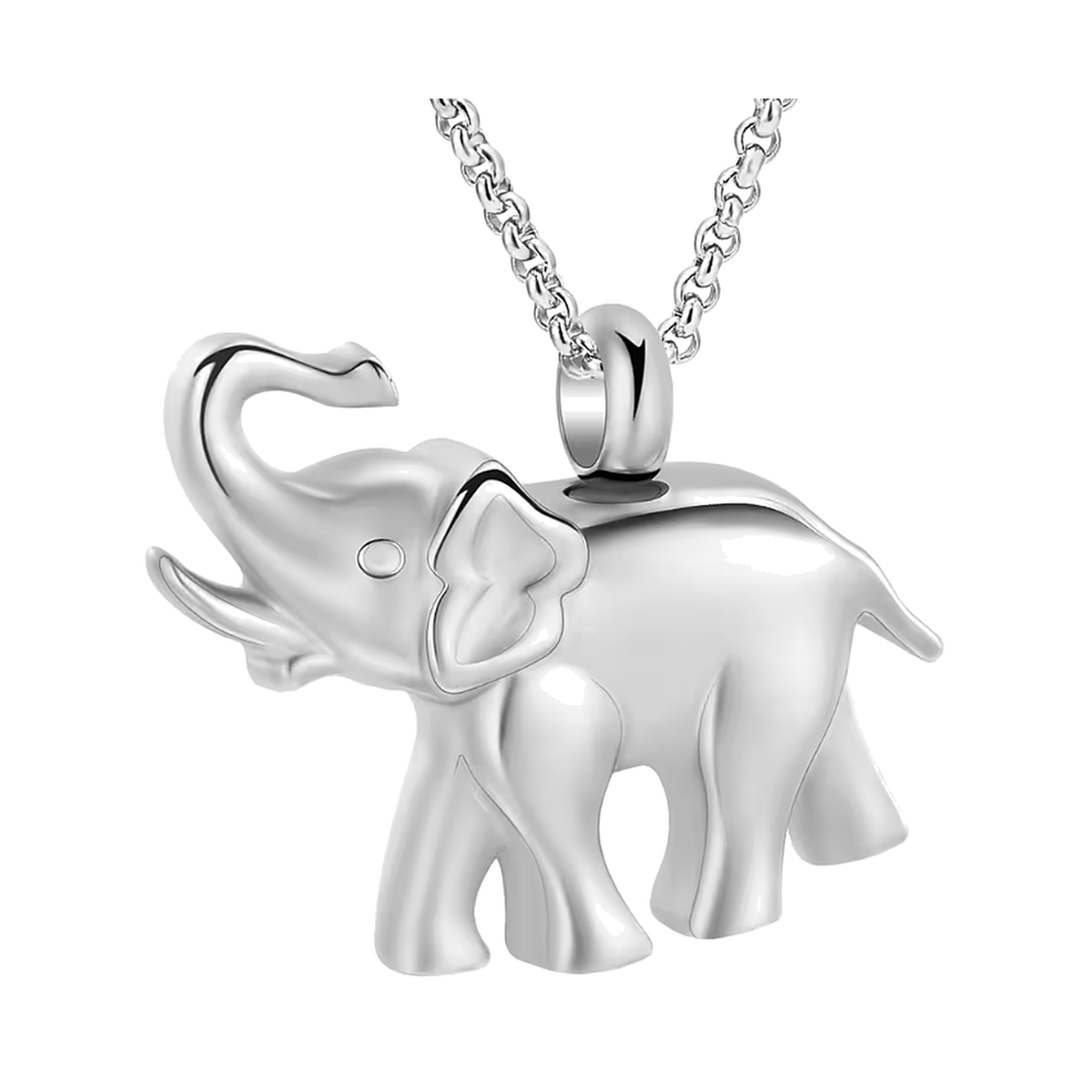 Stainless steel elephant urn pendant with a raised trunk on a rolo chain
