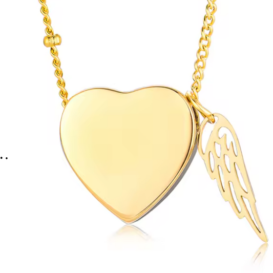 Gold heart cremation necklace with guardian wing charm. Personalizable memorial jewelry designed to hold ashes securely.