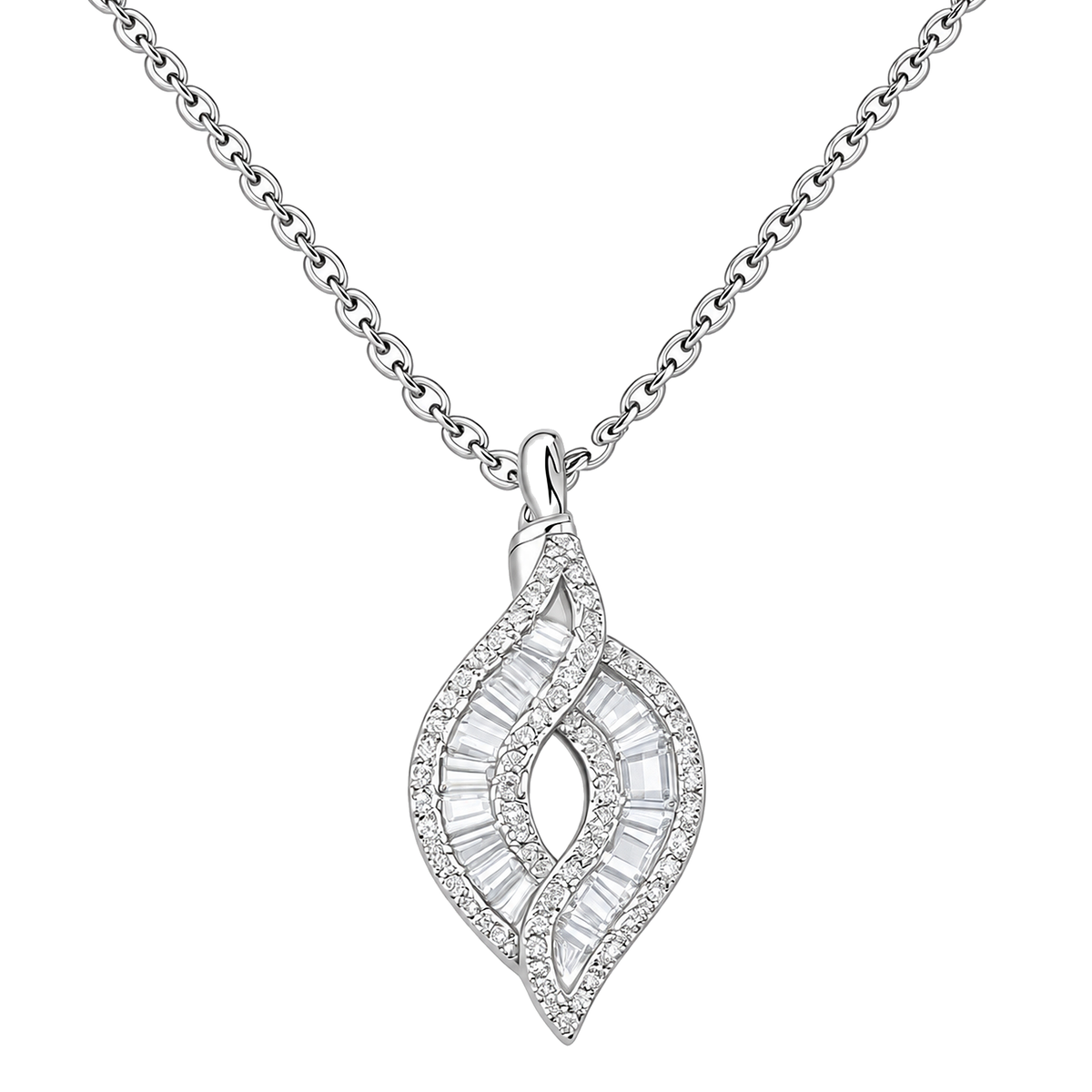 Clear baguette stone entwined flame cremation necklace with sparkling stone border