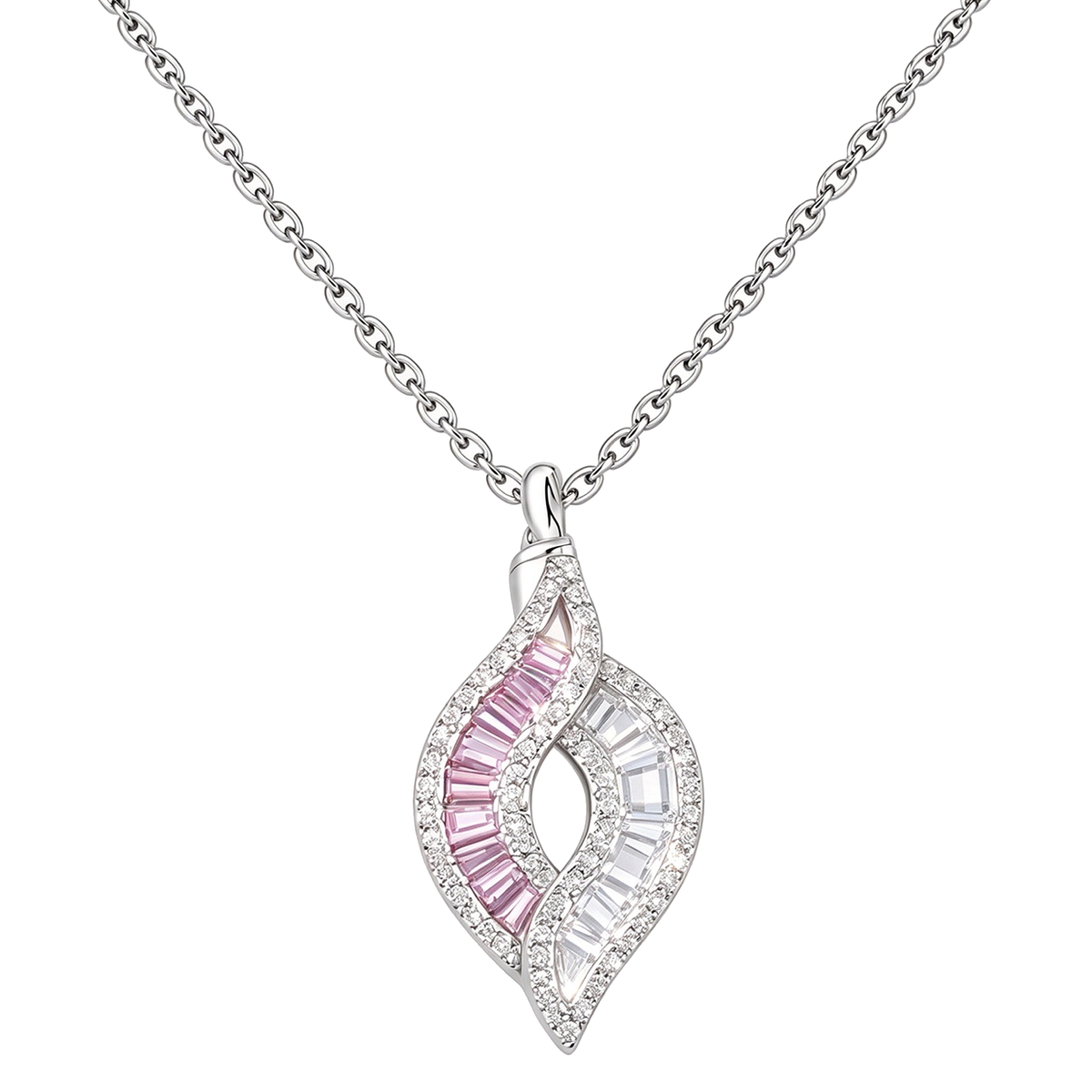 Pink and clear baguette stone entwined flame cremation necklace