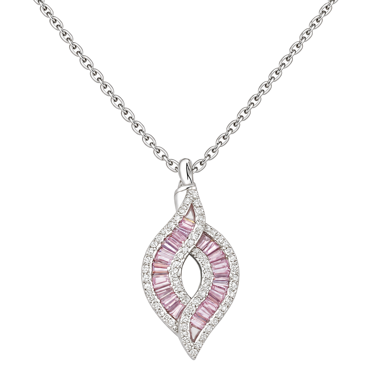 Pink baguette stone entwined flame cremation necklace with sparkling stone border