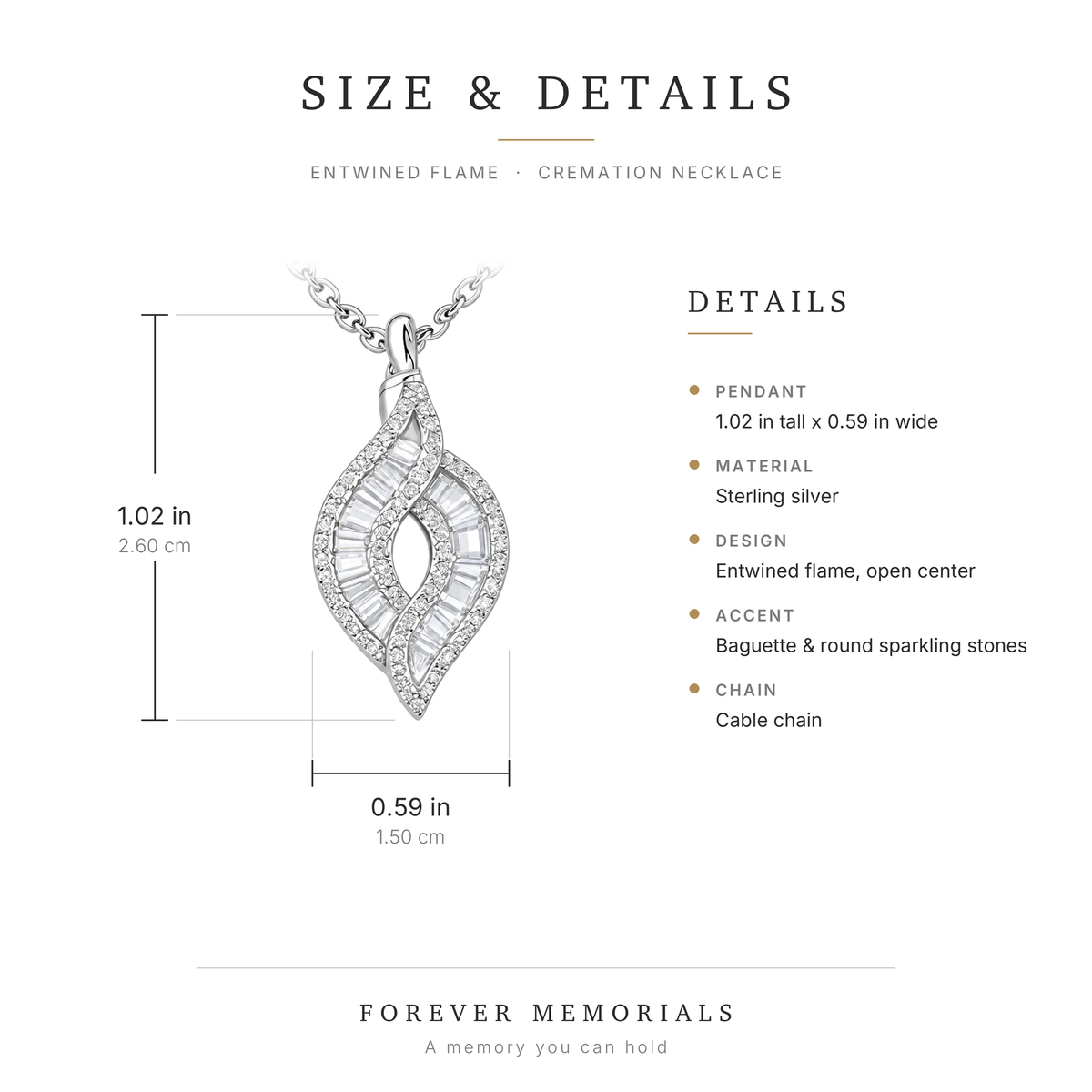 Size and details of the entwined flame cremation pendant, 26 mm by 15 mm