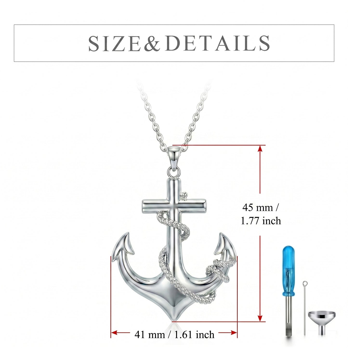 Eternal Anchor Cremation Necklace size chart showing 45mm height and 41mm width with filling kit tools including funnel and screwdriver