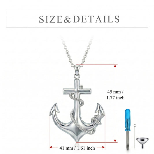 Eternal Anchor Cremation Necklace size chart showing 45mm height and 41mm width with filling kit tools including funnel and screwdriver