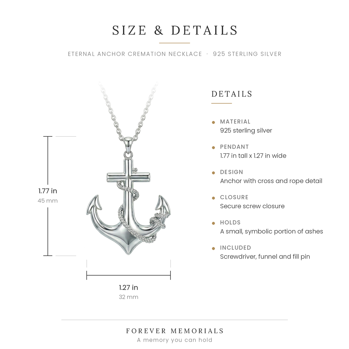 Size chart for the Eternal Anchor Cremation Necklace showing 1.77 in height and 1.27 in width