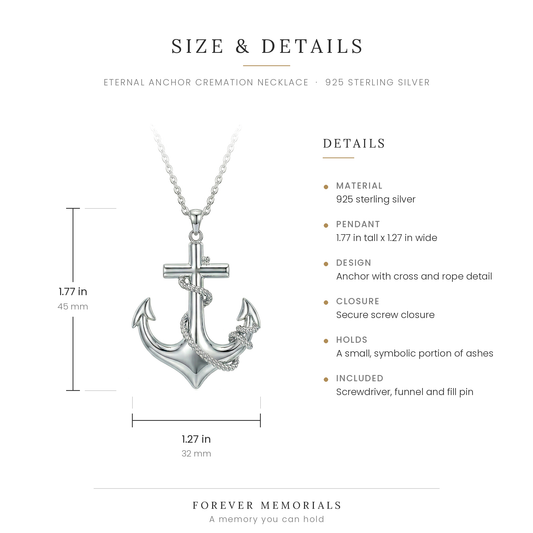 Size chart for the Eternal Anchor Cremation Necklace showing 1.77 in height and 1.27 in width