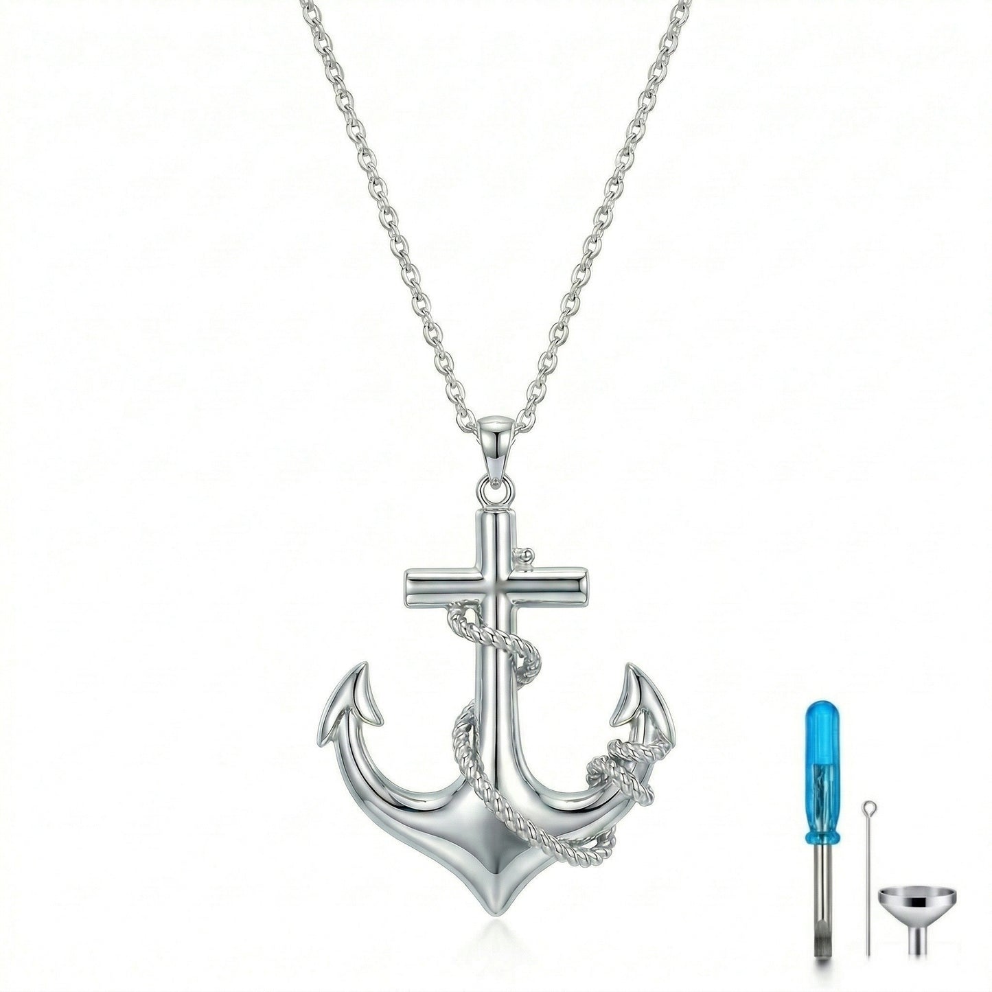 Eternal Anchor Cremation Necklace in 925 sterling silver featuring anchor and cross design on white background