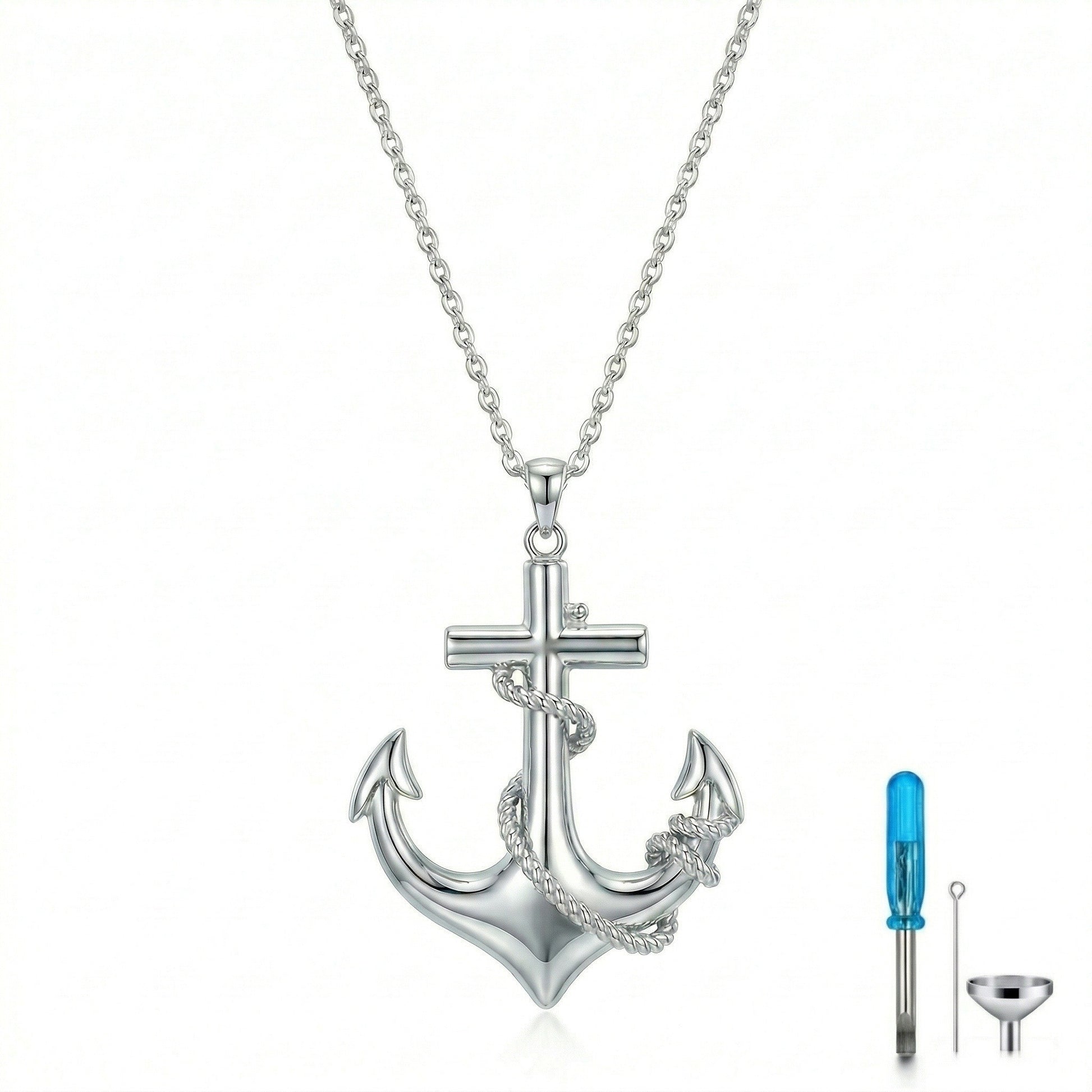Eternal Anchor Cremation Necklace in 925 sterling silver featuring anchor and cross design on white background